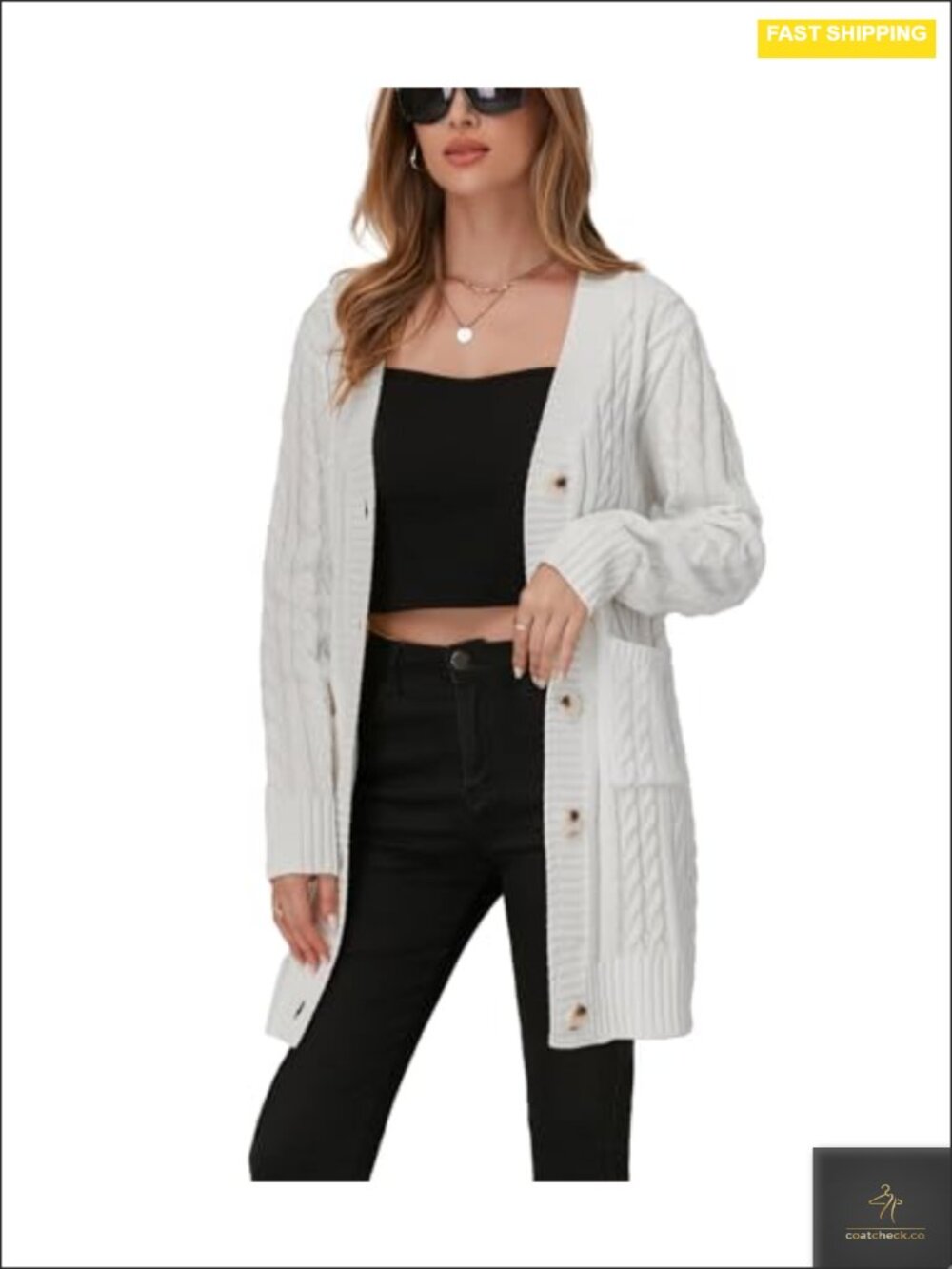 Cable Knit Cardigan Sweater with Pockets Button Down Open Front Long Sleeve